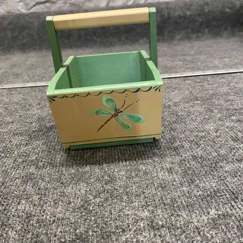 Bonnie Stout Hand Painted Wood Basket Floral Tulip Dragonfly Green Folk Art